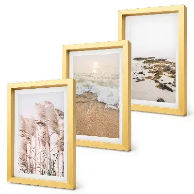Tríptico enmarcado olas de hierba de playa y piedras costeras estilo boho