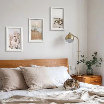 Tríptico enmarcado olas de hierba de playa y piedras costeras estilo boho