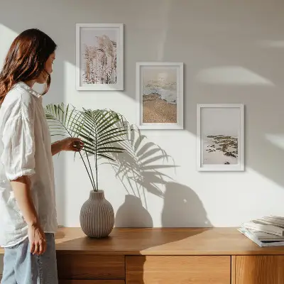 Tríptico enmarcado olas de hierba de playa y piedras costeras estilo boho