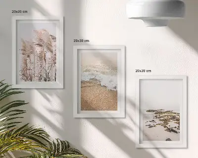 Tríptico enmarcado olas de hierba de playa y piedras costeras estilo boho