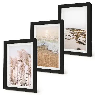 Tríptico enmarcado olas de hierba de playa y piedras costeras estilo boho