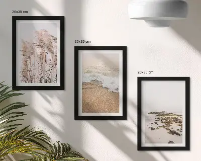 Tríptico enmarcado olas de hierba de playa y piedras costeras estilo boho