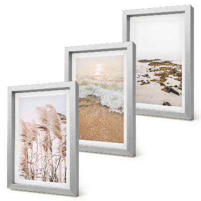 Tríptico enmarcado olas de hierba de playa y piedras costeras boho