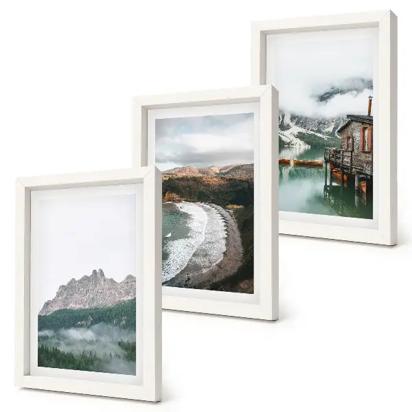 Juego de 3 cuadros decorativos con diseño de paisajes de montaña, playa y casa de madera