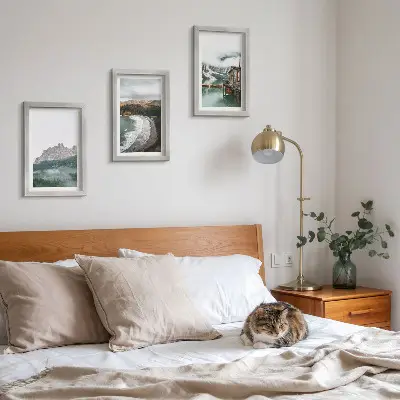 Juego de 3 cuadros decorativos con diseño de paisajes de montaña, playa y casa de madera