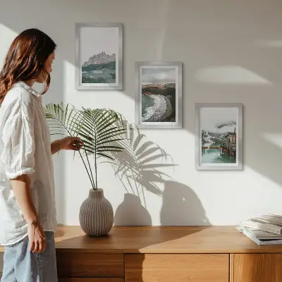 Juego de 3 cuadros decorativos con diseño de paisajes de montaña, playa y casa de madera