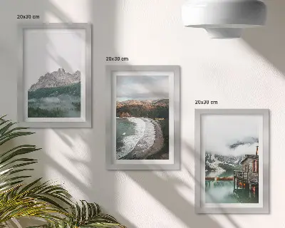 Juego de 3 cuadros decorativos con diseño de paisajes de montaña, playa y casa de madera