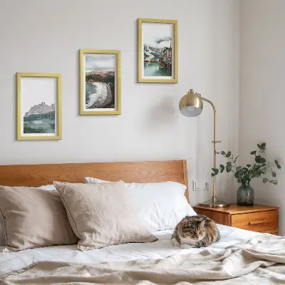 Juego de 3 cuadros decorativos con diseño de paisajes de montaña, playa y casa de madera