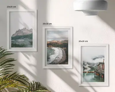 Juego de 3 cuadros decorativos con diseño de paisajes de montaña, playa y casa de madera