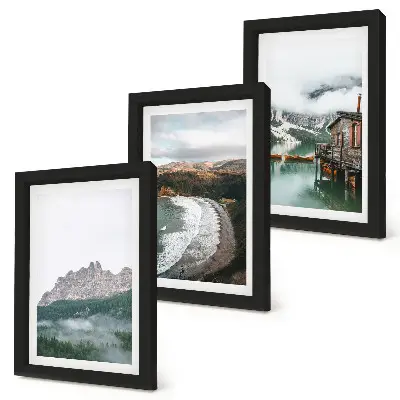 Juego de 3 cuadros decorativos con diseño de paisajes de montaña, playa y casa de madera