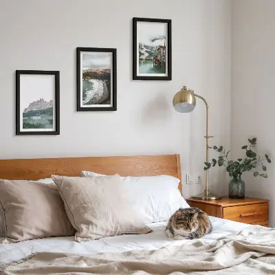 Juego de 3 cuadros decorativos con diseño de paisajes de montaña, playa y casa de madera