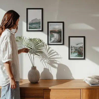 Juego de 3 cuadros decorativos con diseño de paisajes de montaña, playa y casa de madera