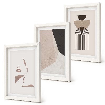 Juego de 3 cuadros decorativos Formas geométricas abstractas y el rostro de una mujer.