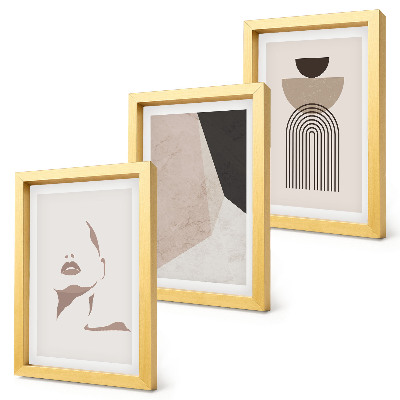 Juego de 3 cuadros decorativos Formas geométricas abstractas y el rostro de una mujer.
