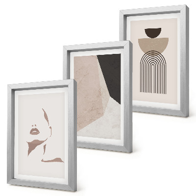 Juego de 3 cuadros decorativos Formas geométricas abstractas y el rostro de una mujer.