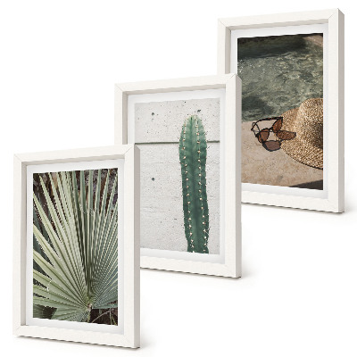 Juego de 3 cuadros decorativos Plantas tropicales y accesorios para vacaciones junto al agua.