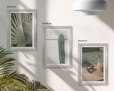 Juego de 3 cuadros decorativos con diseño de plantas tropicales y accesorios de vacaciones junto al agua