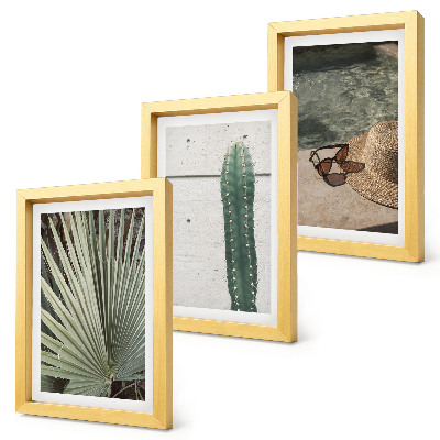 Juego de 3 cuadros decorativos Plantas tropicales y accesorios para vacaciones junto al agua.