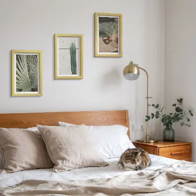 Juego de 3 cuadros decorativos con diseño de plantas tropicales y accesorios de vacaciones junto al agua