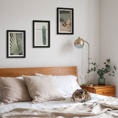 Juego de 3 cuadros decorativos Plantas tropicales y accesorios para vacaciones junto al agua.