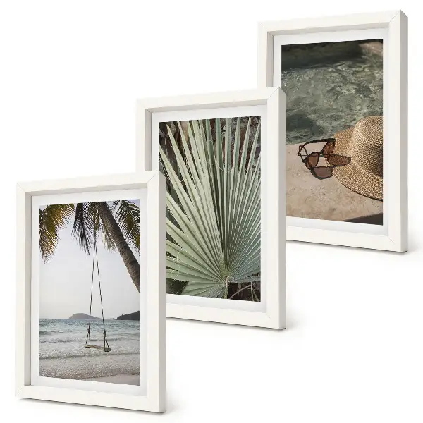 Tríptico enmarcado vacaciones en la playa con columpio y hojas de palmera
