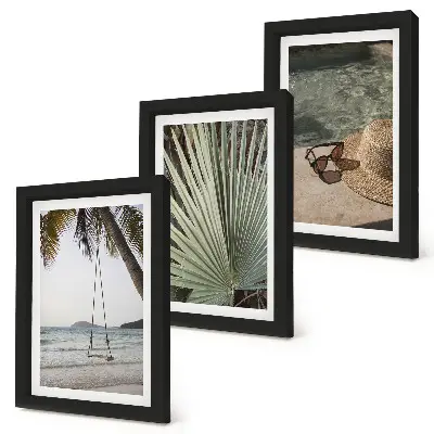 Tríptico enmarcado vacaciones en la playa con columpio y hojas de palmera