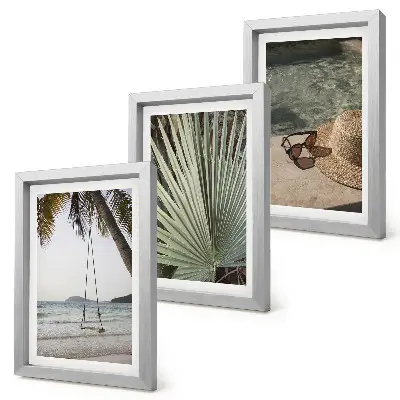 Tríptico enmarcado vacaciones en la playa con columpio y hojas de palmera