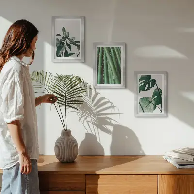 Juego de 3 cuadros decorativos de tallos de bambú con hojas de monstera