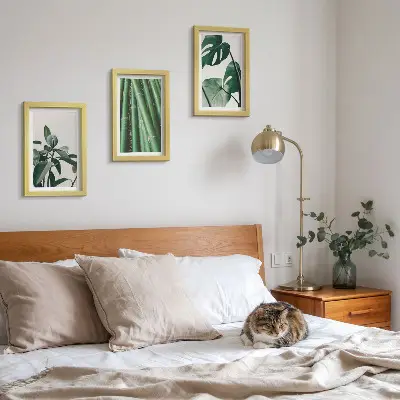 Juego de 3 cuadros decorativos de tallos de bambú con hojas de monstera