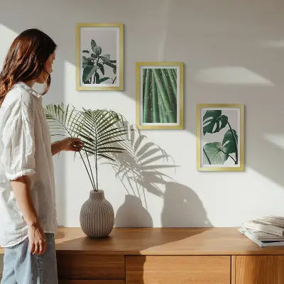 Juego de 3 cuadros decorativos de tallos de bambú con hojas de monstera