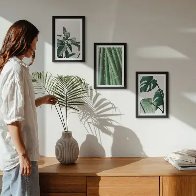 Juego de 3 cuadros decorativos de tallos de bambú con hojas de monstera
