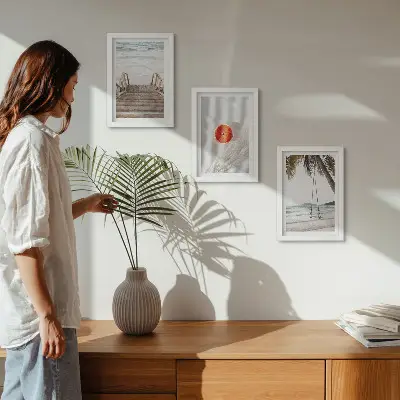 Juego de 3 cuadros decorativos con diseño de playa y escalera de madera de ambiente vacacional