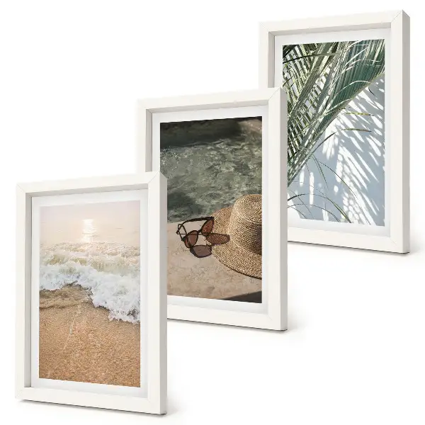 Juego de 3 cuadros decorativos con diseño de sombrero de playa, gafas de sol y hojas