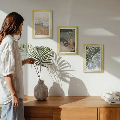 Juego de 3 cuadros decorativos con diseño de sombrero de playa, gafas de sol y hojas