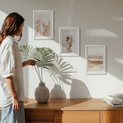 Juego de 3 cuadros decorativos con motivos vegetales abstractos de estilo rústico bohemio