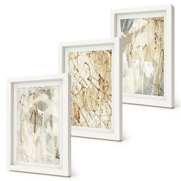 Tríptico enmarcado con diseños abstractos en tonos beige y gris