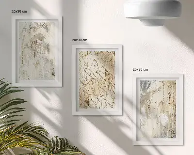 Tríptico enmarcado con diseños abstractos en tonos beige y gris
