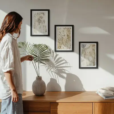 Tríptico enmarcado con diseños abstractos en tonos beige y gris