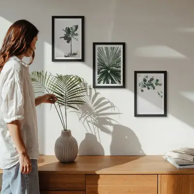 Juego de 3 cuadros decorativos con diseño de plantas verdes en estilo minimalista