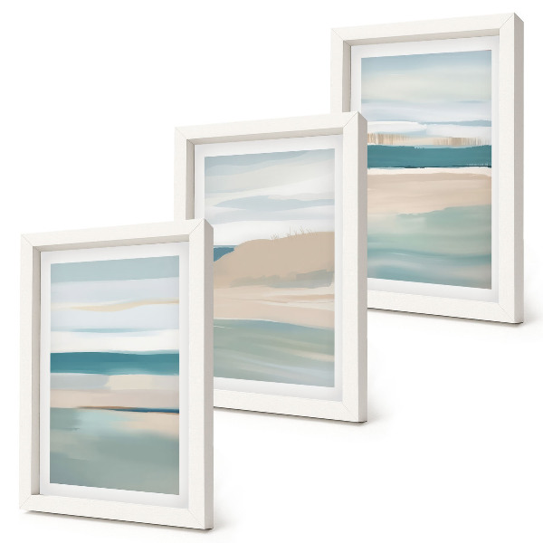 Juego de 3 cuadros decorativos Paisajes abstractos en tonos azules y beige.