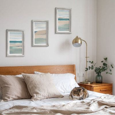 Juego de 3 cuadros decorativos Paisajes abstractos en tonos azules y beige.