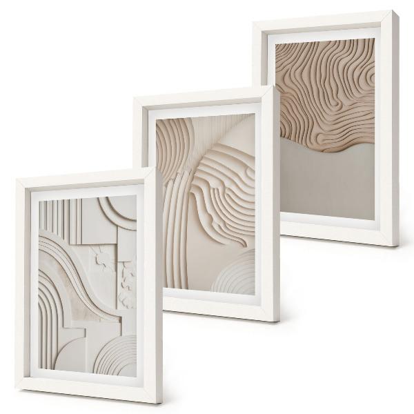 Tríptico enmarcado Diseños abstractos en tonos beige y blanco.