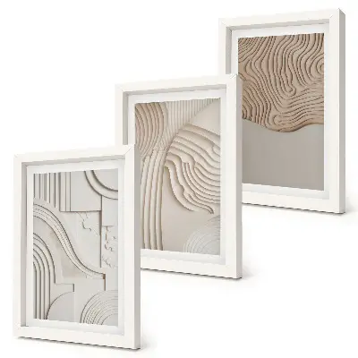 Tríptico enmarcado con diseños abstractos en tonos beige y blanco