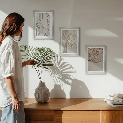 Tríptico enmarcado con diseños abstractos en tonos beige y blanco