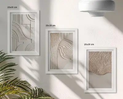 Tríptico enmarcado con diseños abstractos en tonos beige y blanco