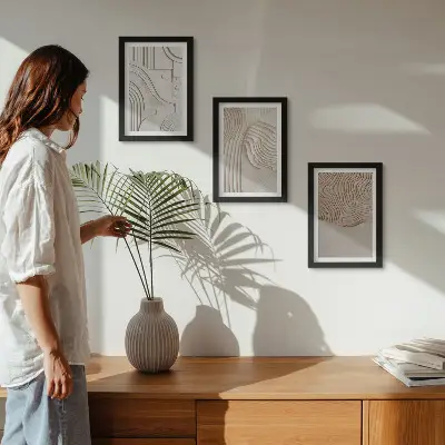 Tríptico enmarcado con diseños abstractos en tonos beige y blanco