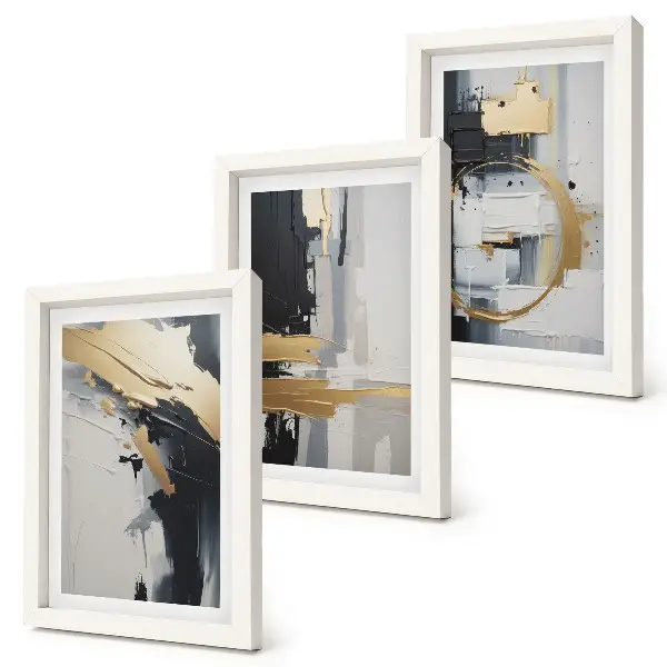 Juego de 3 cuadros decorativos con composiciones pictóricas abstractas en blanco y negro