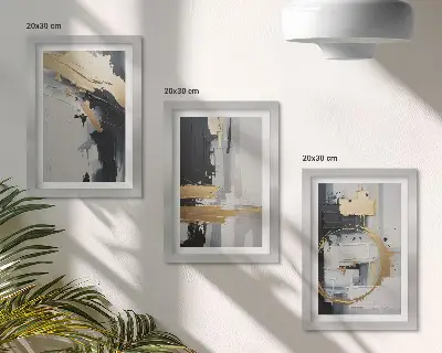 Juego de 3 cuadros decorativos con composiciones pictóricas abstractas en blanco y negro