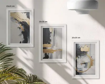 Juego de 3 cuadros decorativos con composiciones pictóricas abstractas en blanco y negro