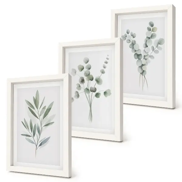 Juego de 3 cuadros decorativos con diseños vegetales en tonos verdes y grises